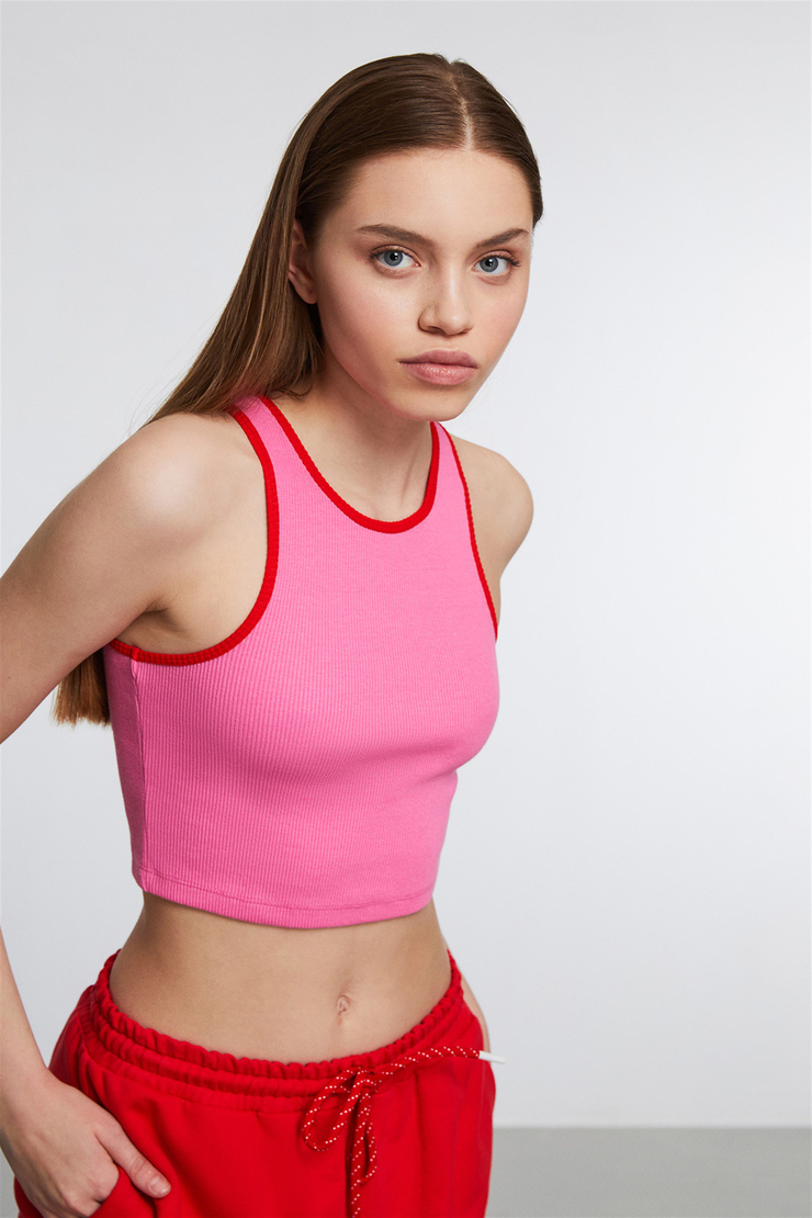 NEMTO Kadın Pembe Düz Renk Halter Yaka Crop Fit Büstiyer