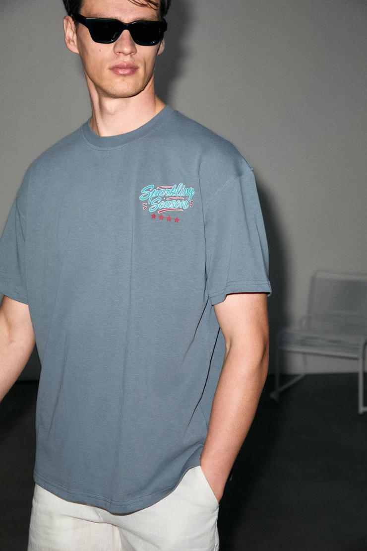 NEON Erkek %100 Organik Pamuklu Yuvarlak Yakalı Baskı Detaylı Gri T-Shirt