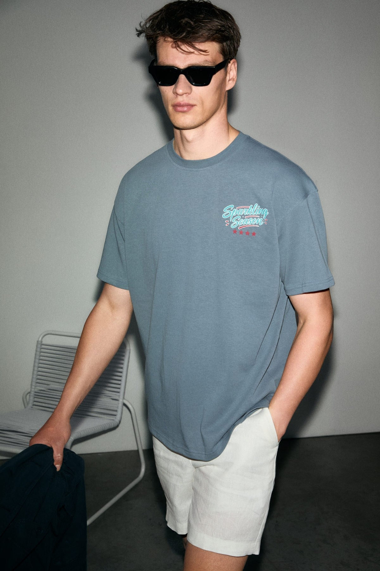 NEON Erkek %100 Organik Pamuklu Yuvarlak Yakalı Baskı Detaylı Gri T-Shirt