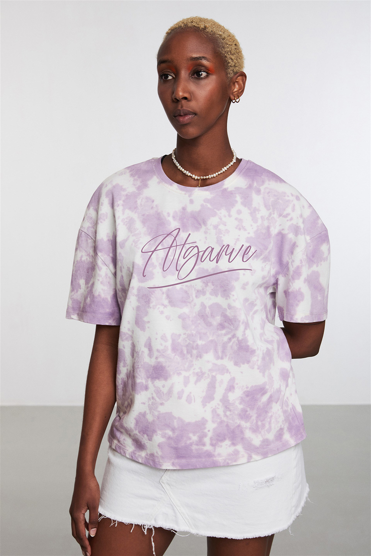 NEPAL Mor Kadın Baskılı Yuvarlak Yaka     Oversıze T-Shirt