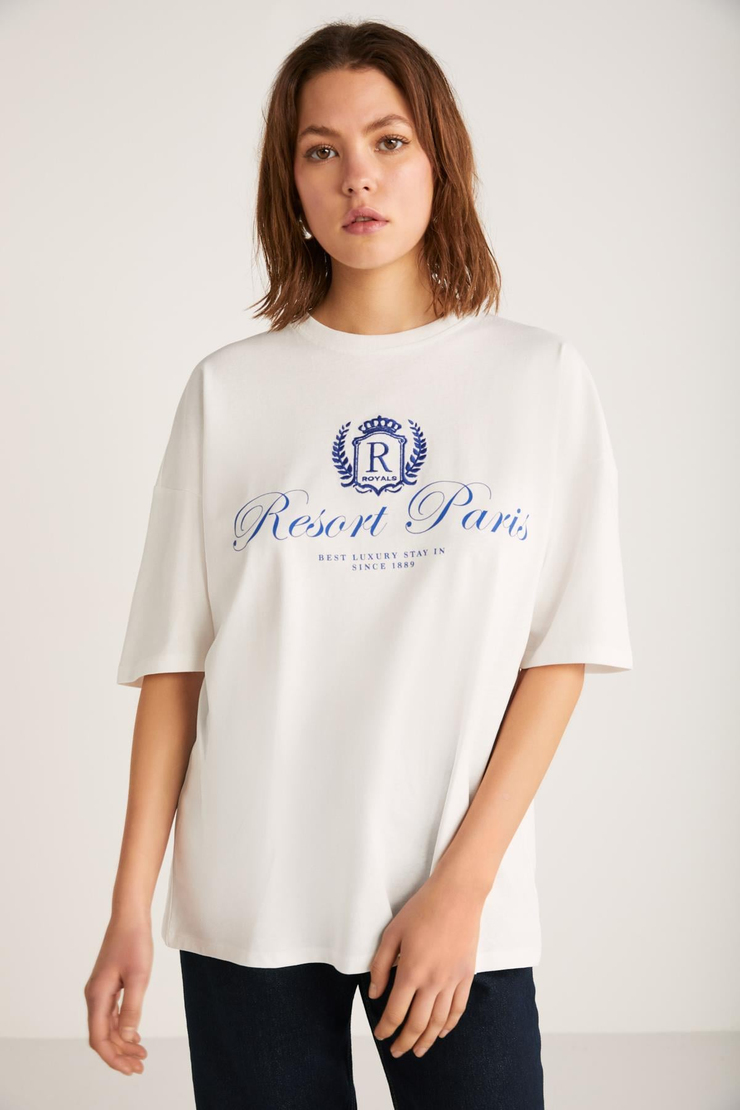 NEPHELE Basic Slim Ekru Tekli T-Shirt