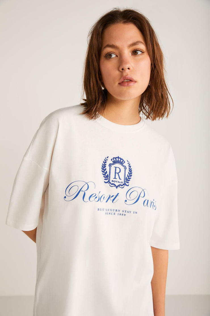 NEPHELE Basic Slim Ekru Tekli T-Shirt