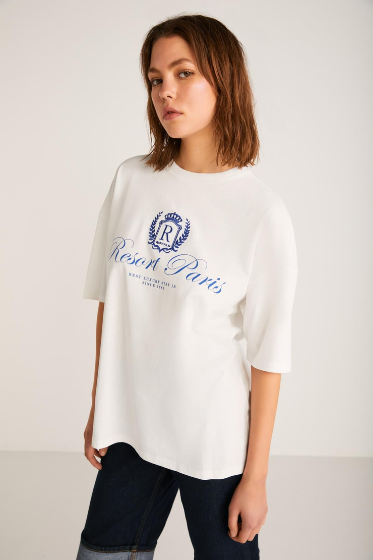 NEPHELE Basic Slim Ekru Tekli T-Shirt