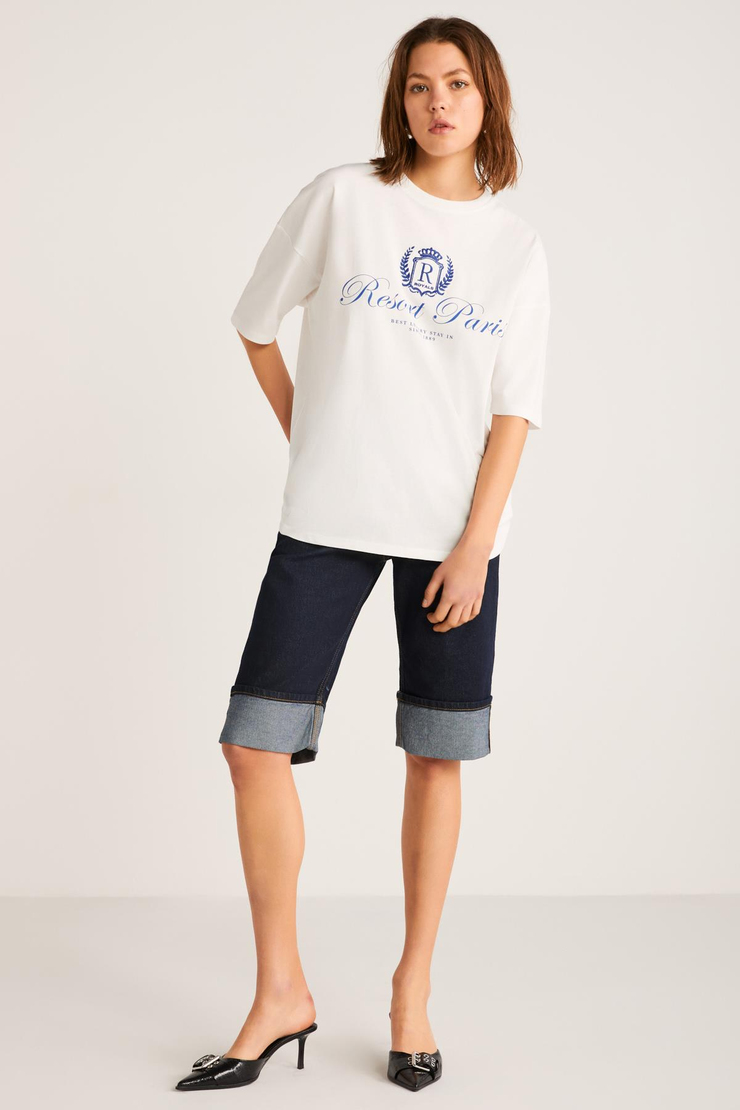 NEPHELE Basic Slim Ekru Tekli T-Shirt