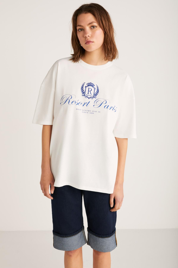 NEPHELE Basic Slim Ekru Tekli T-Shirt