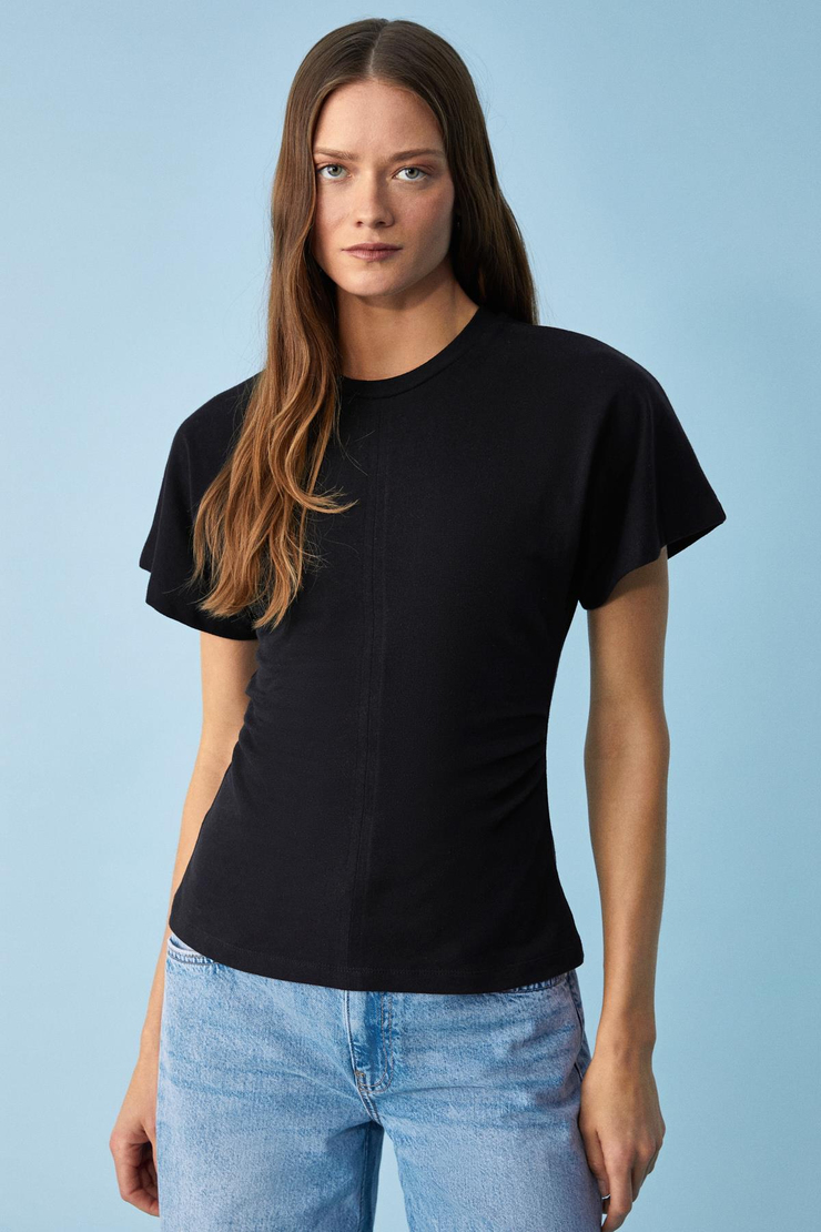 NEXUS Kadın Regular Bisiklet Yaka Büzgü Siyah T-Shirt