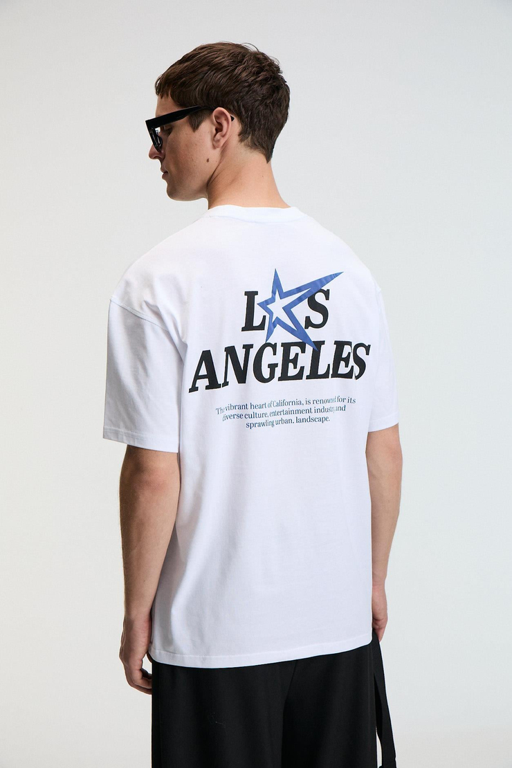 NIBBLE Erkek Oversize %100 Pamuk Baskılı Yuvarlak Yaka Beyaz T-Shirt