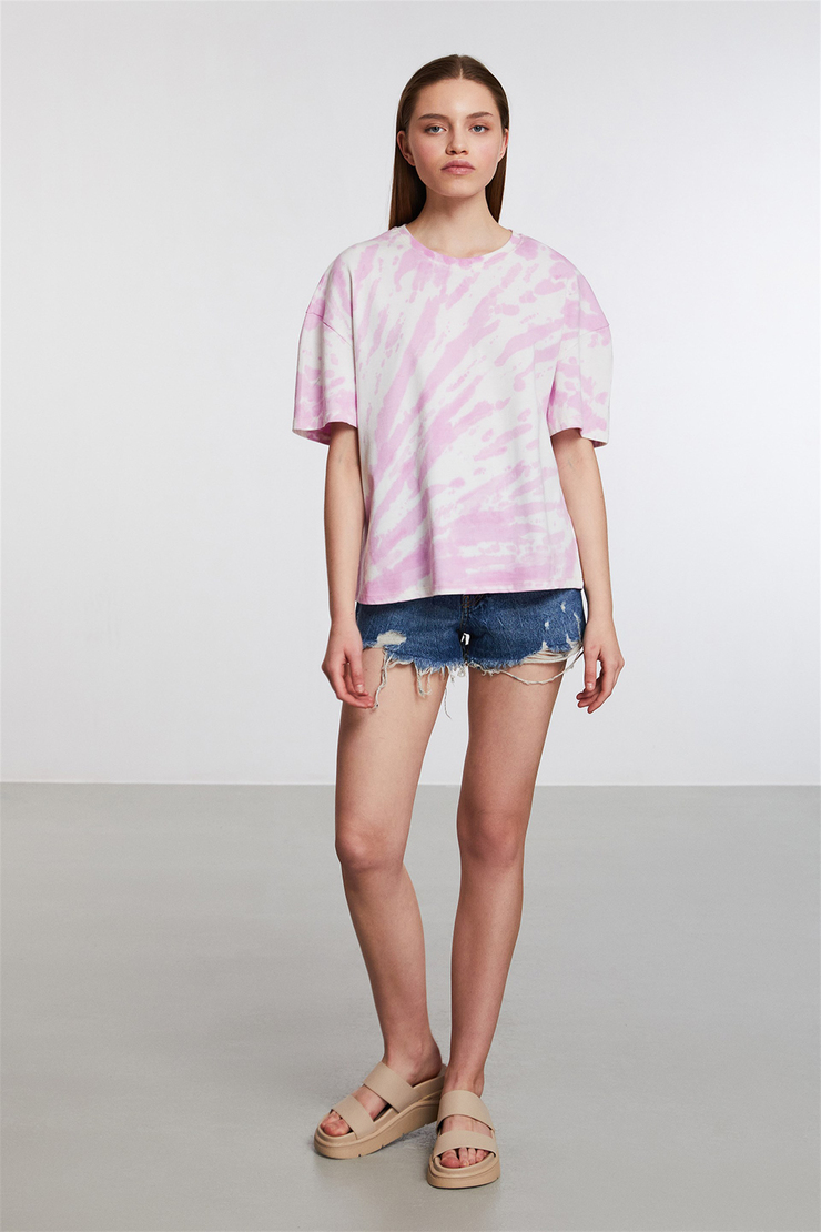 Nıgerıa Kadın Pembe Batik Yuvarlak Yaka Comfort Fit T-Shirt