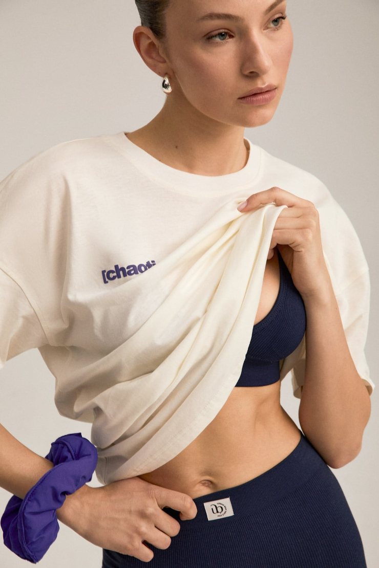 NINEL Kadın %100 Pamuk Arka Ve Önü Yazı Detaylı Baskılı Slim Ekru-Mavi T-Shirt