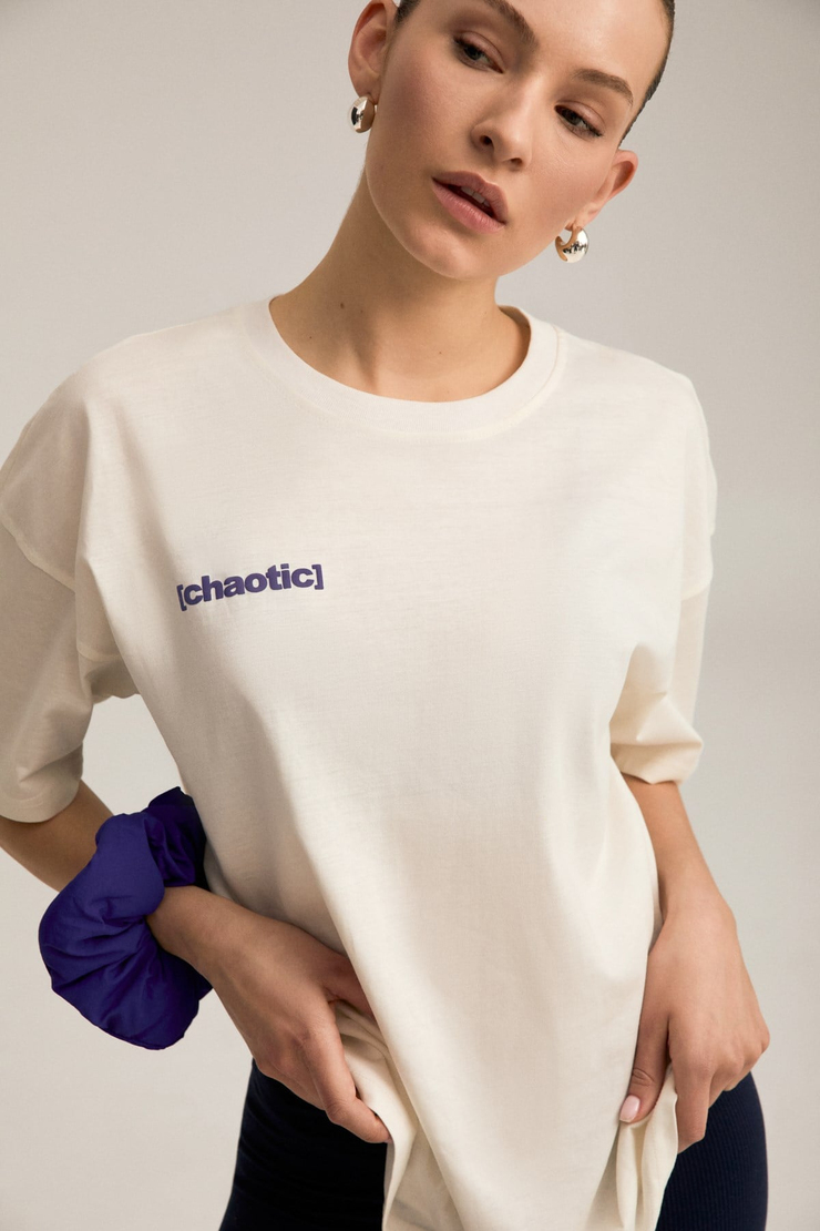 NINEL Kadın %100 Pamuk Arka Ve Önü Yazı Detaylı Baskılı Slim Ekru-Mavi T-Shirt