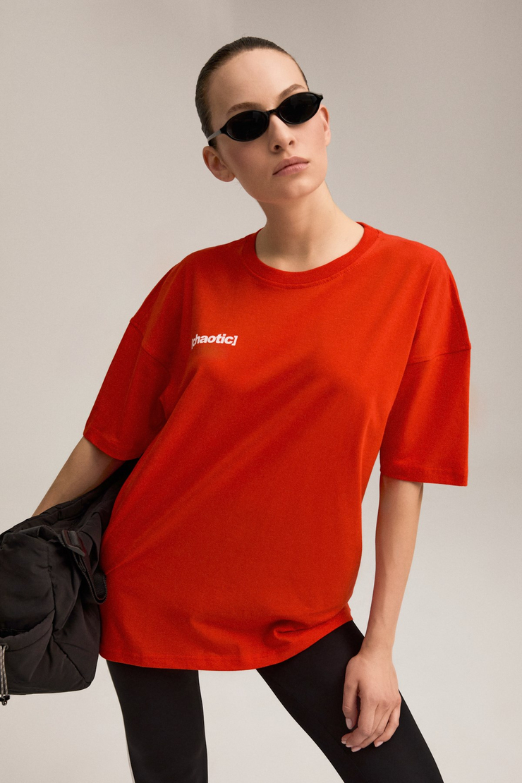 NINEL Kadın %100 Pamuk Arka Ve Önü Yazı Detaylı Baskılı Slim Kırmızı T-Shirt