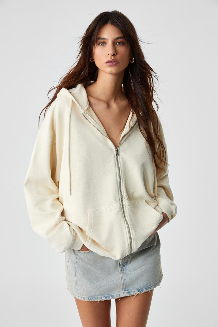 NISPORENI Kadın Oversize Fit Kapüşonlu %100 Organik Pamuk 3 İplik Krem Sweatshirt
