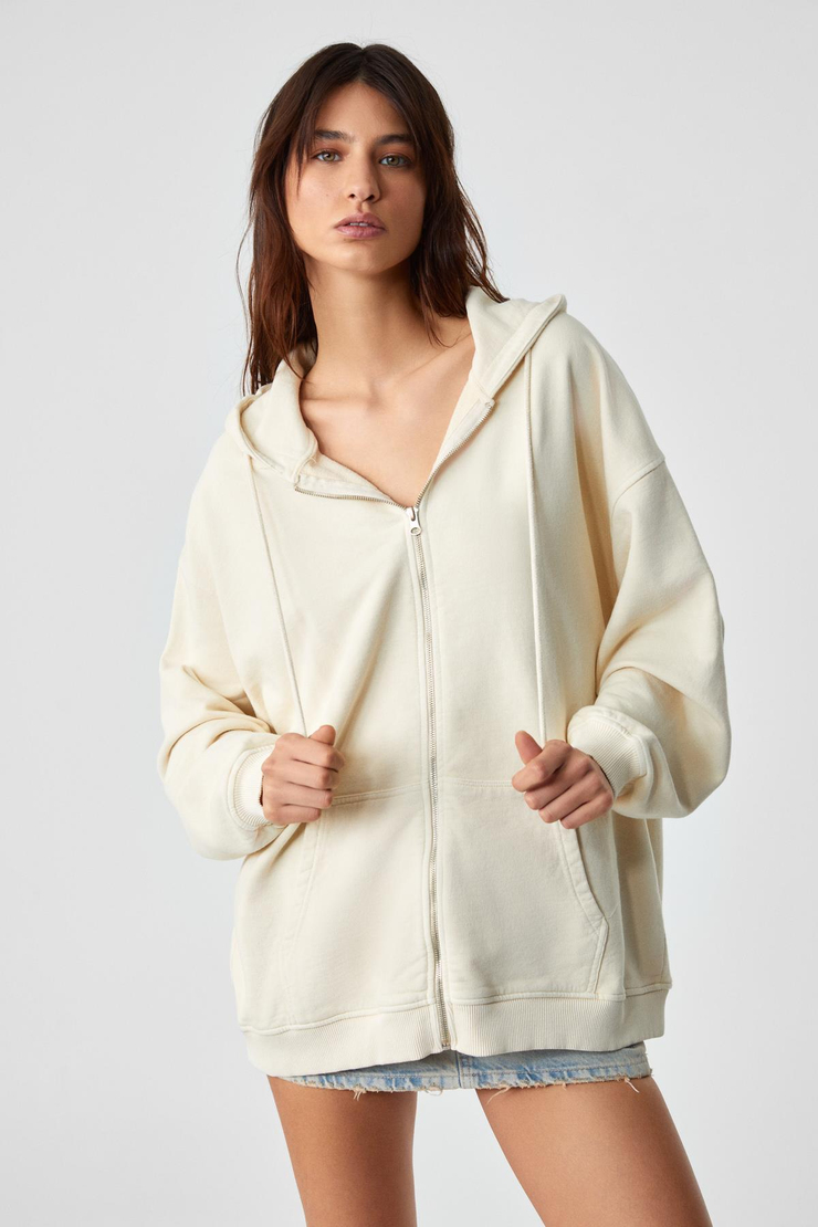 NISPORENI Kadın Oversize Fit Kapüşonlu %100 Organik Pamuk 3 İplik Krem Sweatshirt