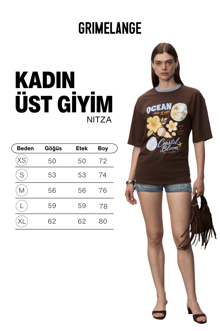 NITZA Kadın %100 Pamuk Oversize Bisiklet Yaka Kahverengi T-Shirt