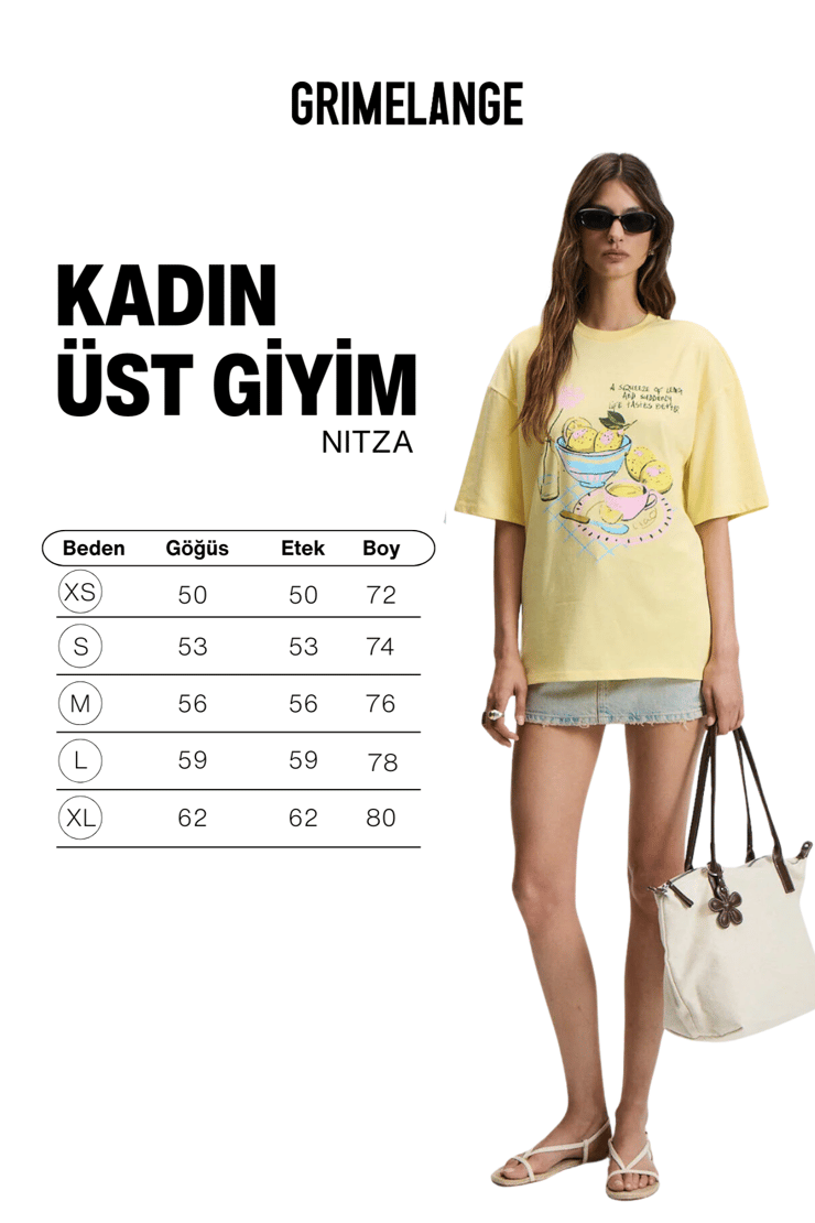 NITZA Kadın %100 Pamuk Oversize Bisiklet Yaka Sarı T-Shirt