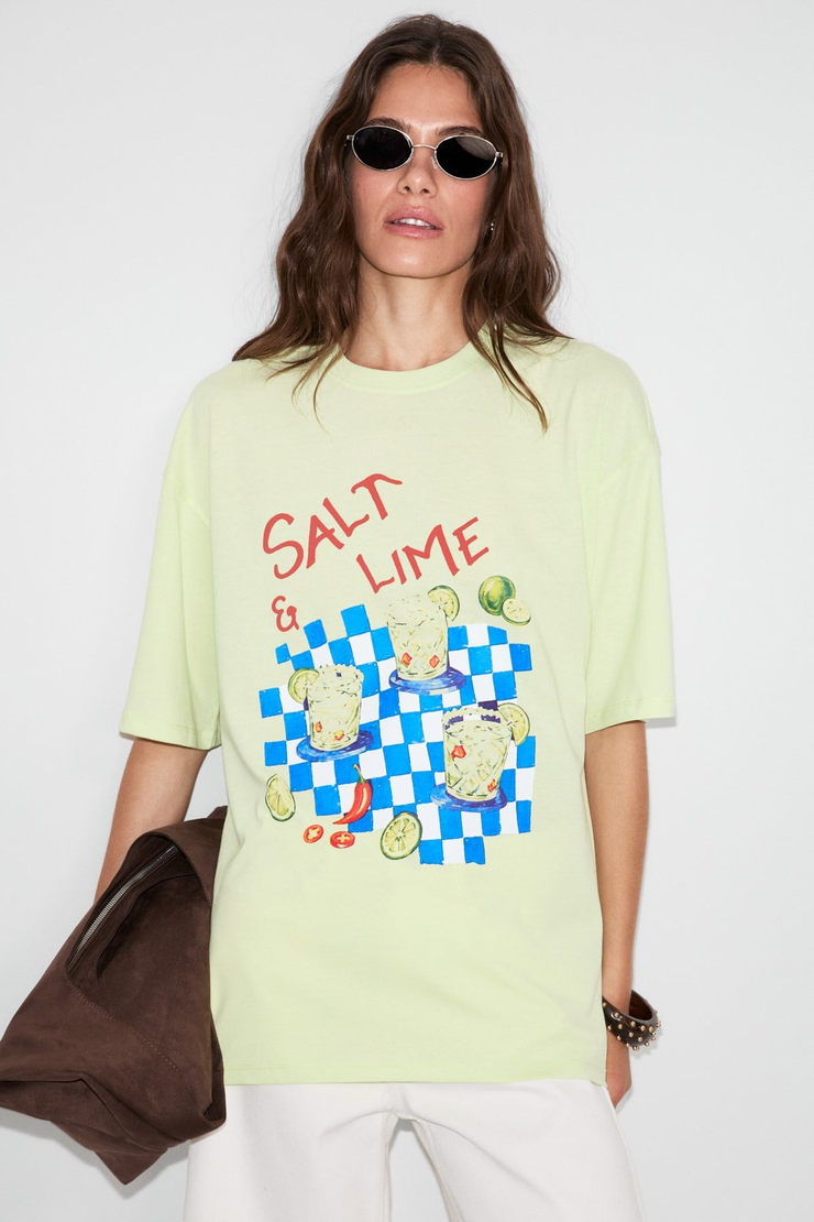 NITZA Kadın %100 Pamuk Oversize Bisiklet Yaka Mint Yeşil T-Shirt