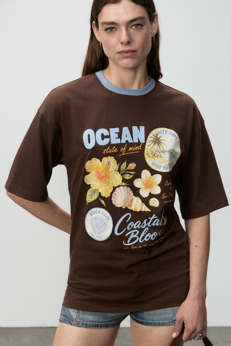 NITZA Kadın %100 Pamuk Oversize Bisiklet Yaka Kahverengi T-Shirt