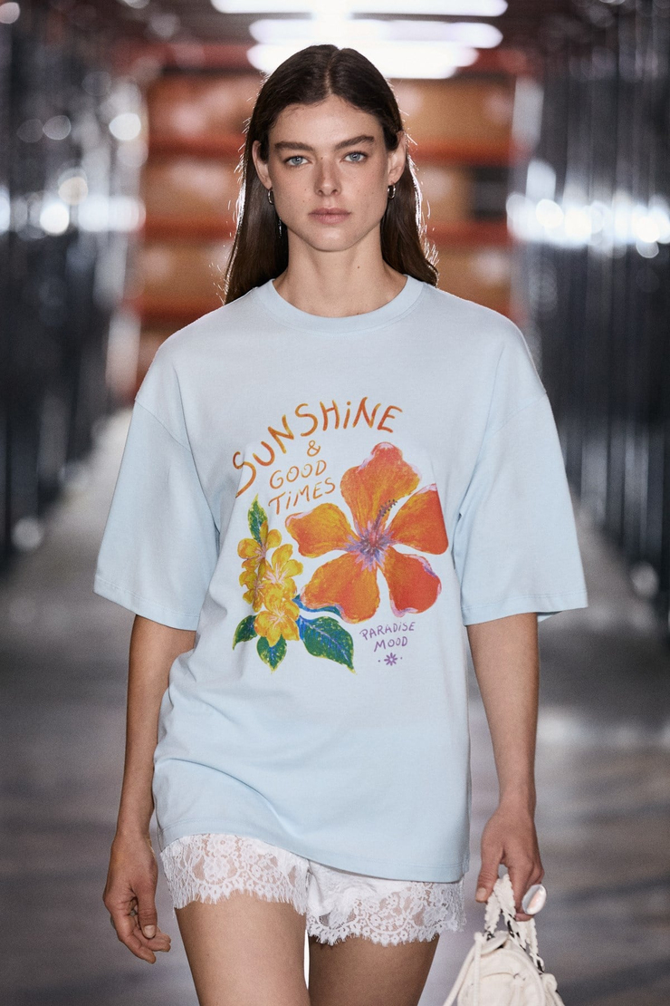 NITZA Kadın %100 Pamuk Oversize Bisiklet Yaka Açık Mavi T-Shirt