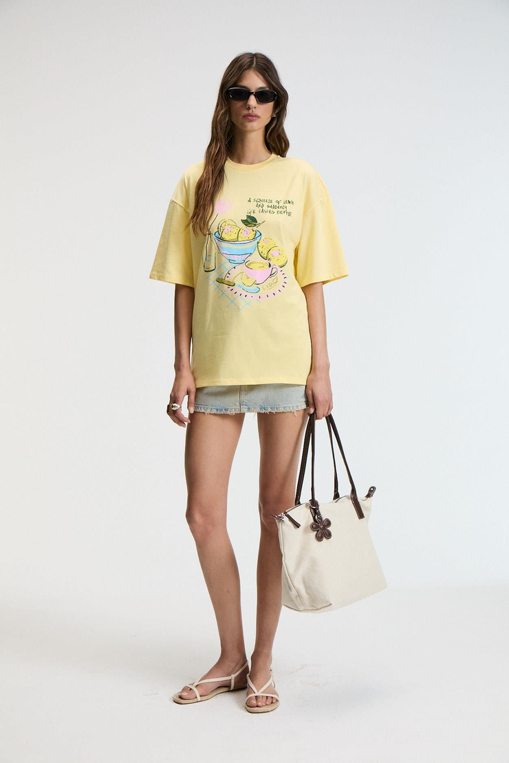 NITZA Kadın %100 Pamuk Oversize Bisiklet Yaka Sarı T-Shirt