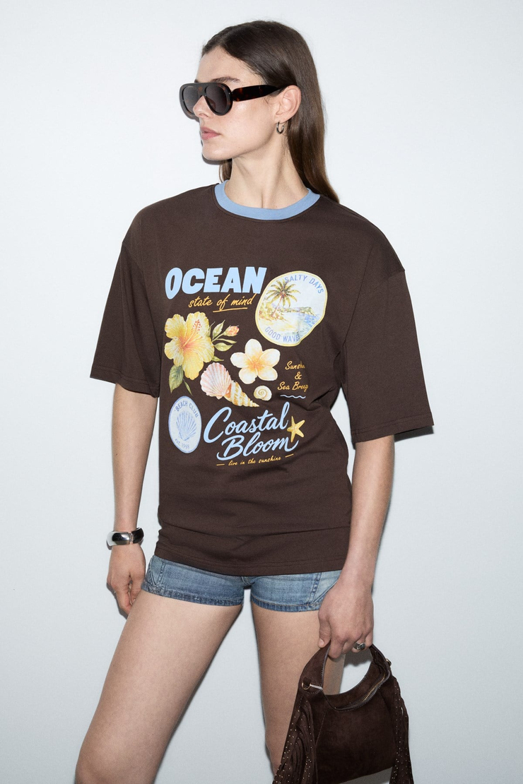 NITZA Kadın %100 Pamuk Oversize Bisiklet Yaka Kahverengi T-Shirt
