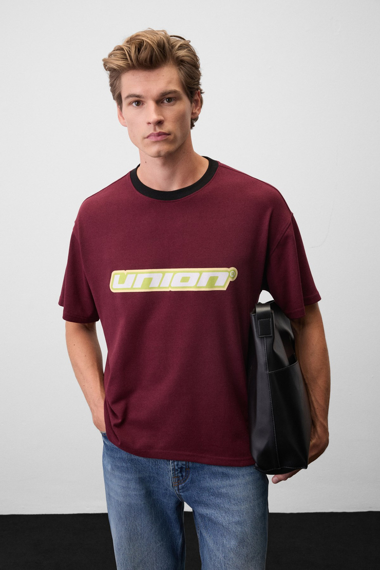 NOAR Erkek Organik Pamuklu Baskılı Bordo T-Shirt