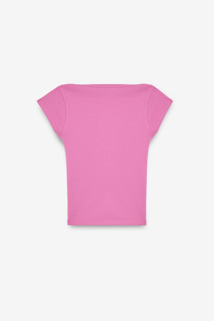 NOEMI Kadın Balerin Yaka Kısa Kol Slim Fit Ribanalı Pembe Bluz