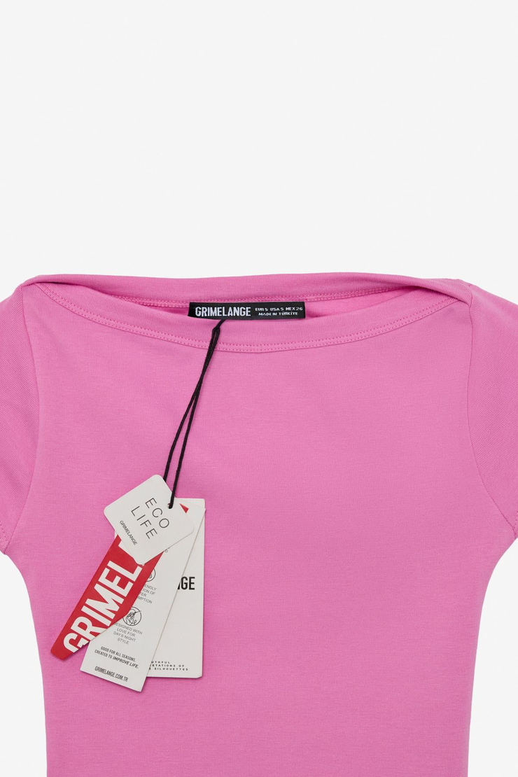 NOEMI Kadın Balerin Yaka Kısa Kol Slim Fit Ribanalı Pembe Bluz