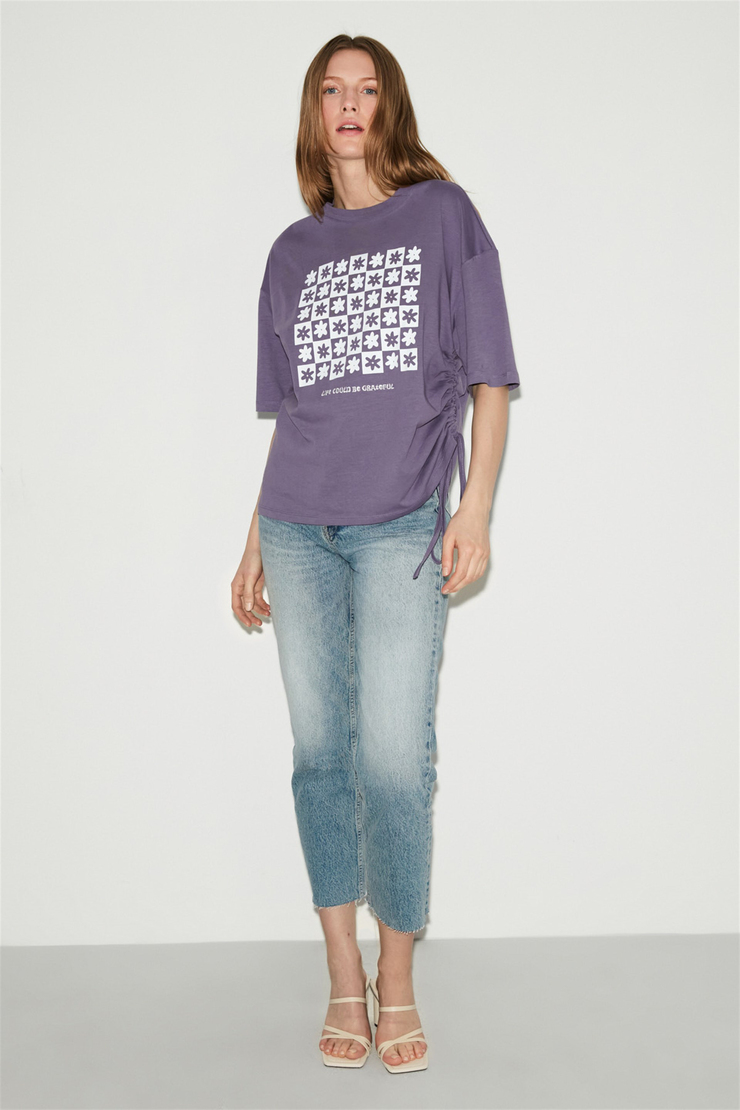 NORI Kadın Mor Baskılı Yuvarlak Yaka Comfort Fit T-Shirt