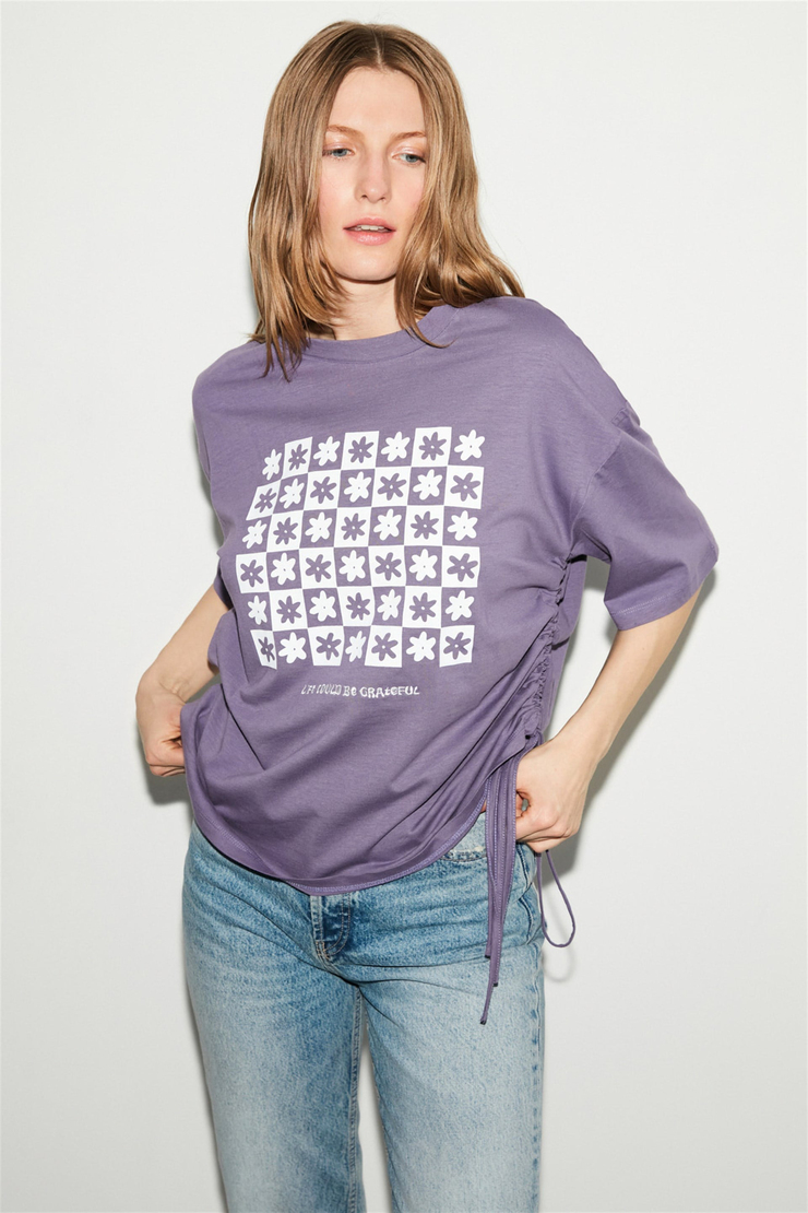 NORI Kadın Mor Baskılı Yuvarlak Yaka Comfort Fit T-Shirt
