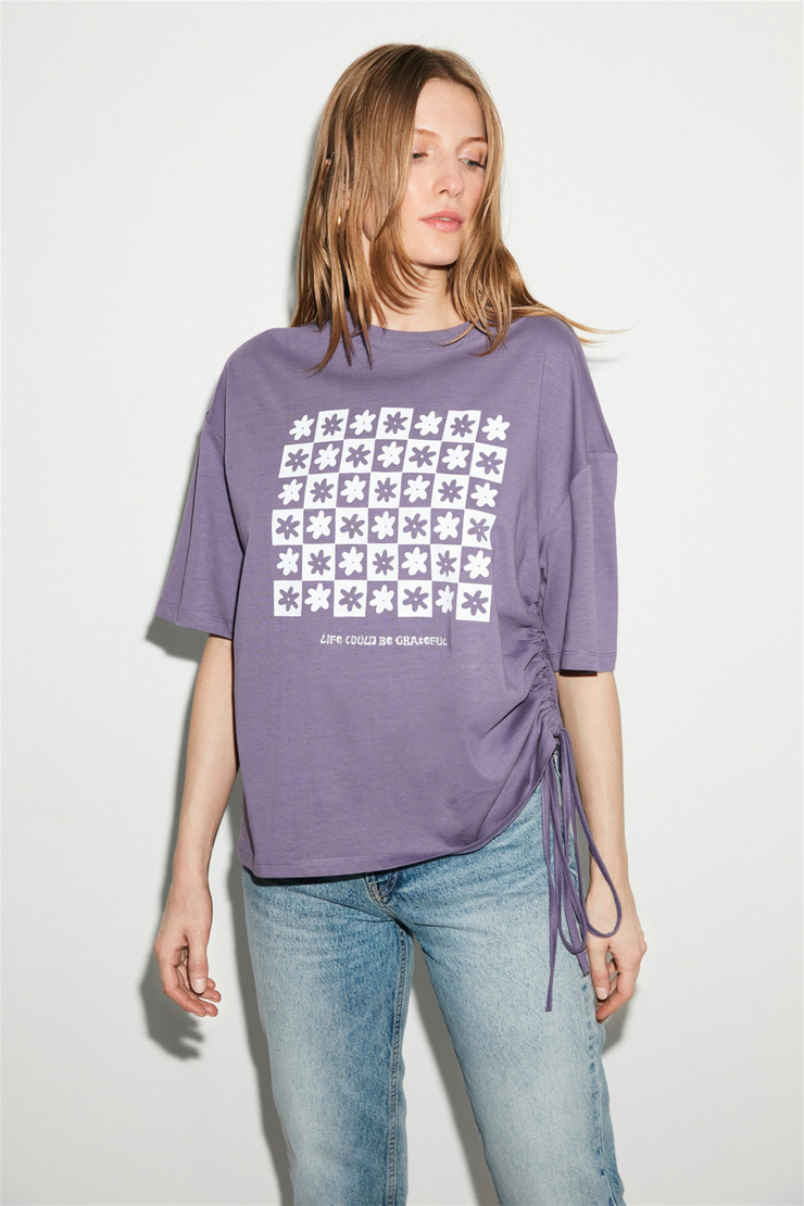 NORI Kadın Mor Baskılı Yuvarlak Yaka Comfort Fit T-Shirt