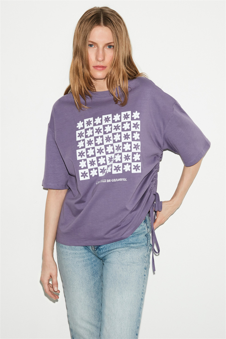 NORI Kadın Mor Baskılı Yuvarlak Yaka Comfort Fit T-Shirt