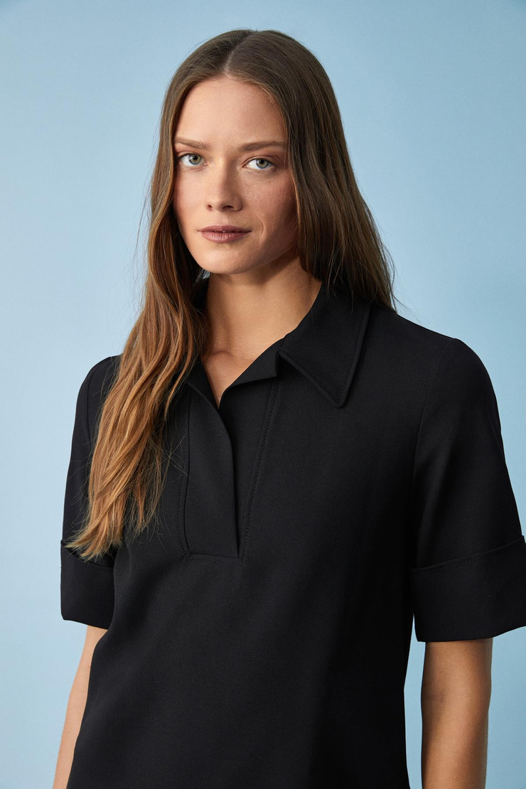 NOURU Kadın Polo Yaka Kısa Kol Oversize Kısa Siyah Elbise