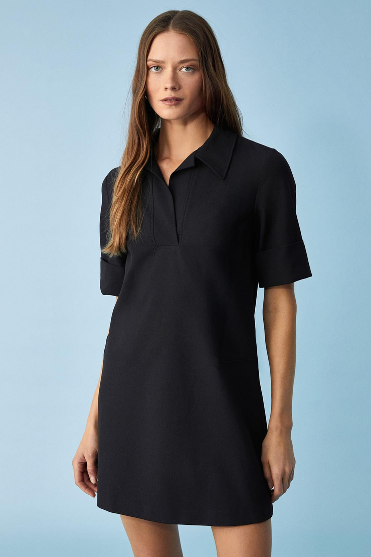 NOURU Kadın Polo Yaka Kısa Kol Oversize Kısa Siyah Elbise