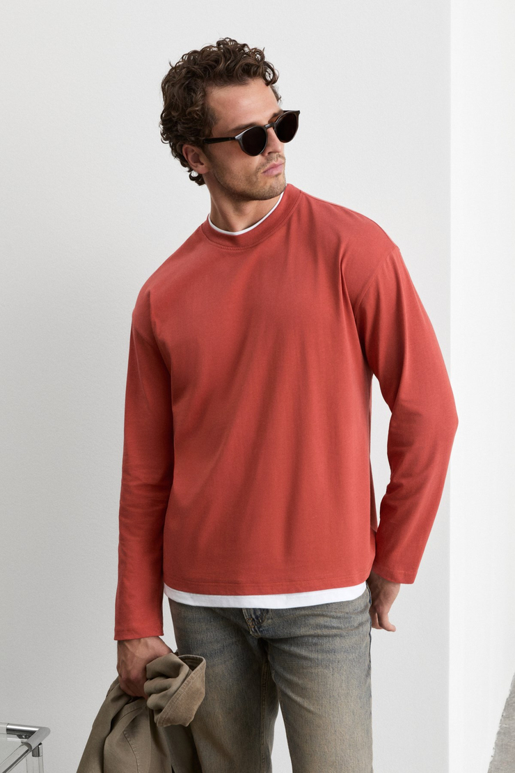 NOX Erkek Yaka Ve Etek Uçları Kontrast Detaylı Kiremit Rengi T-Shirt
