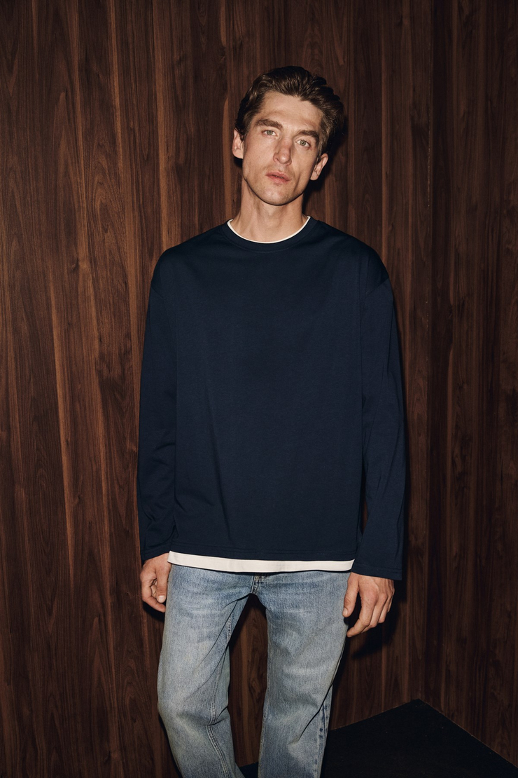 NOX Erkek Yaka Ve Etek Uçları Kontrast Detaylı Lacivert T-Shirt