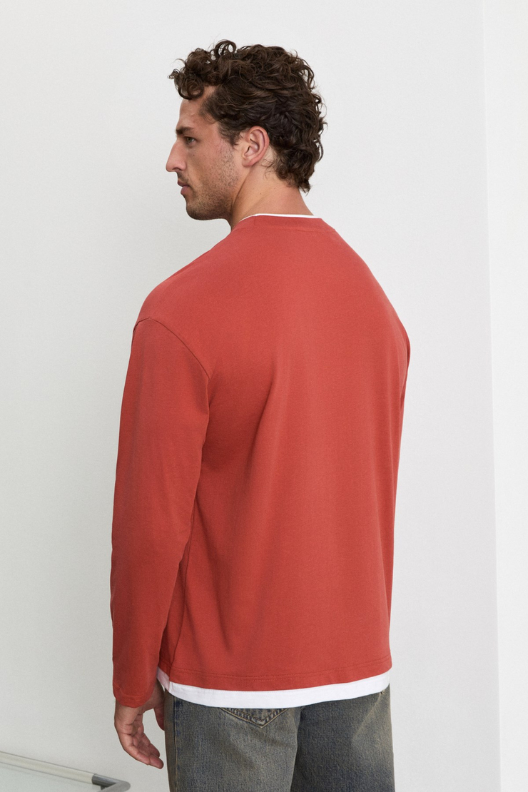 NOX Erkek Yaka Ve Etek Uçları Kontrast Detaylı Kiremit Rengi T-Shirt