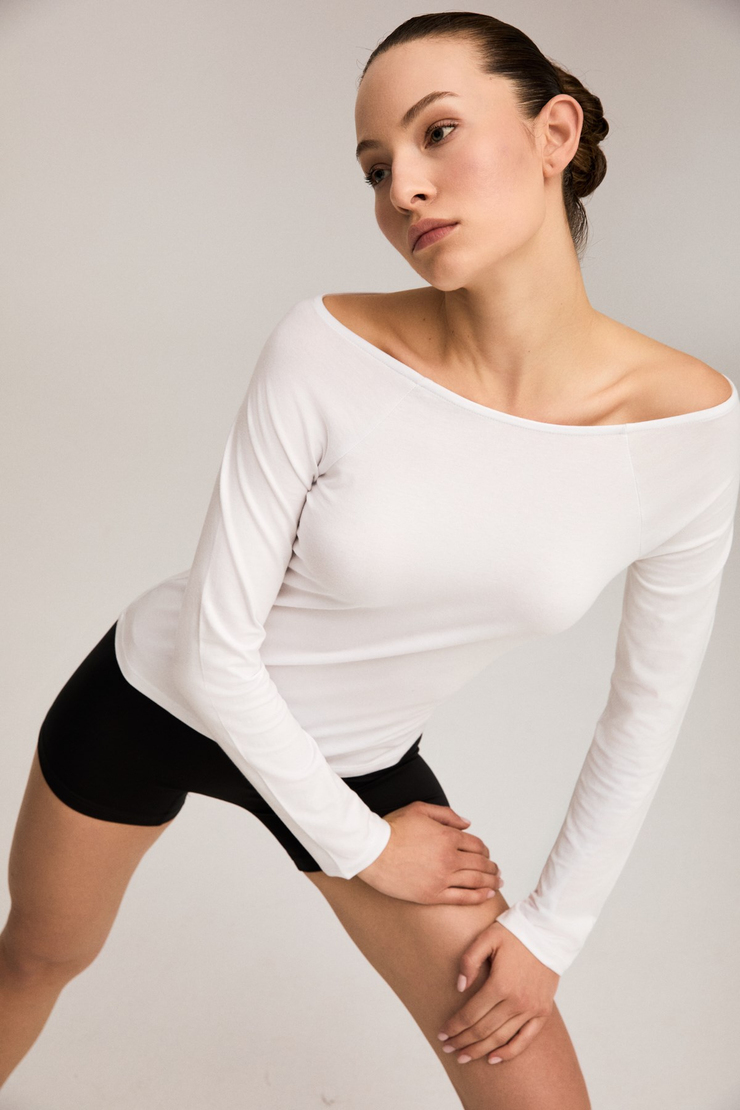 NOXVA Kadın Organik Pamuklu Kayık Yaka Reglan Kol Slim Fit Beyaz Bluz