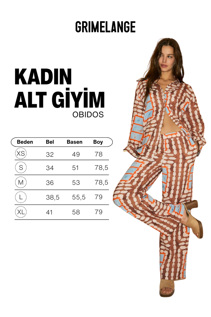OBIDOS Kadın Keten Karışımlı Baskı Detaylı Regular Kahverengi Pantolon