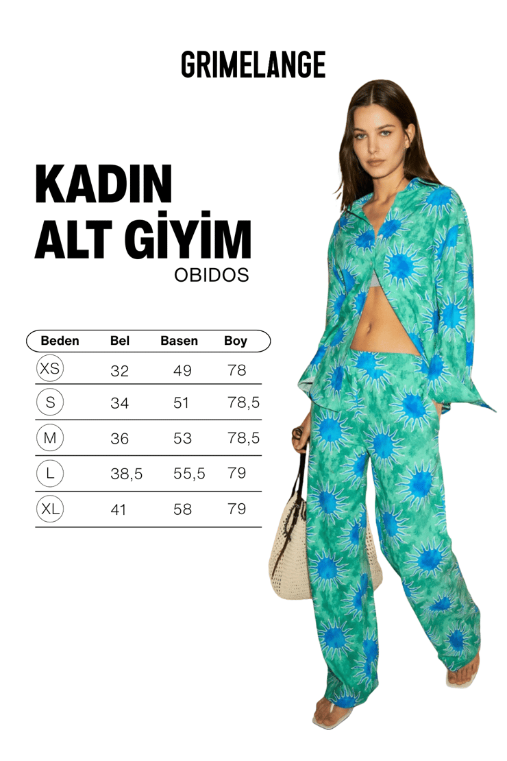 OBIDOS Kadın Keten Karışımlı Baskı Detaylı Regular Mavi Pantolon