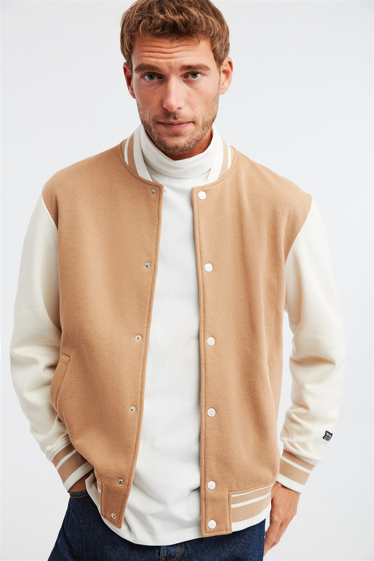 OBVI Erkek Kahverengi Renk Bloklu Kolej Yaka Comfort Fit Ceket