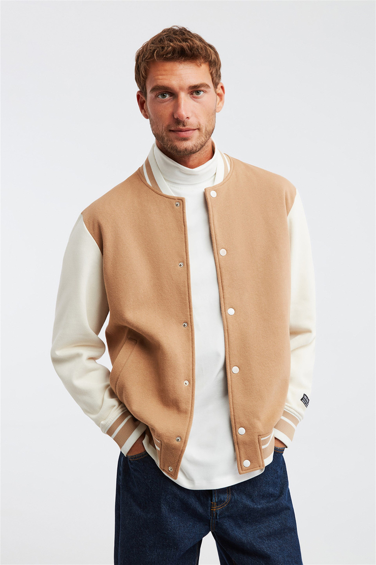 OBVI Erkek Kahverengi Renk Bloklu Kolej Yaka Comfort Fit Ceket