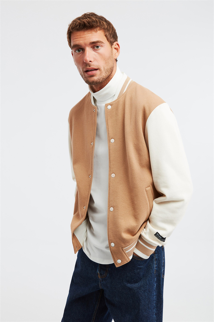OBVI Erkek Kahverengi Renk Bloklu Kolej Yaka Comfort Fit Ceket