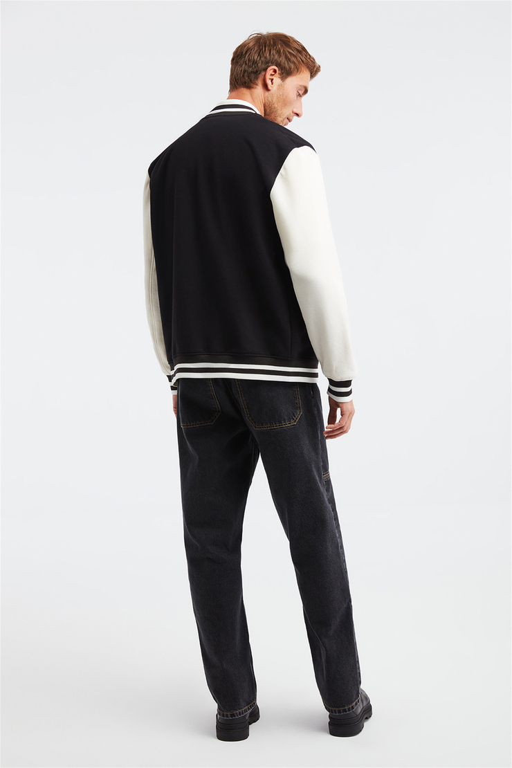 OBVI Erkek Siyah Renk Bloklu Kolej Yaka Comfort Fit Ceket