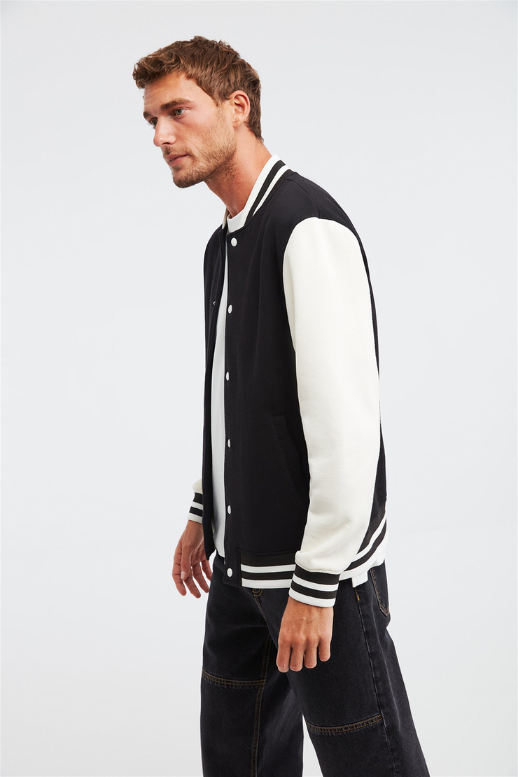 OBVI Erkek Siyah Renk Bloklu Kolej Yaka Comfort Fit Ceket