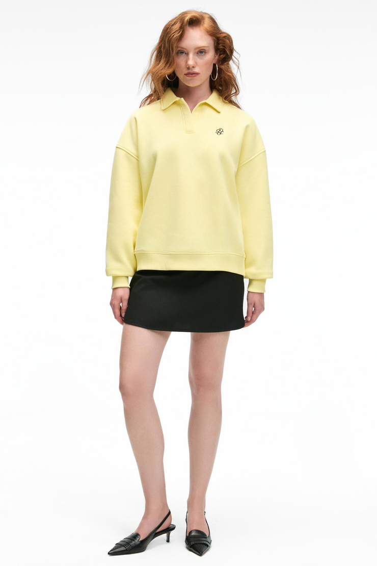 ODESSA Kadın Polo Yaka Oversize Göğüs Nakış Detaylı Patlı Sarı Sweatshirt