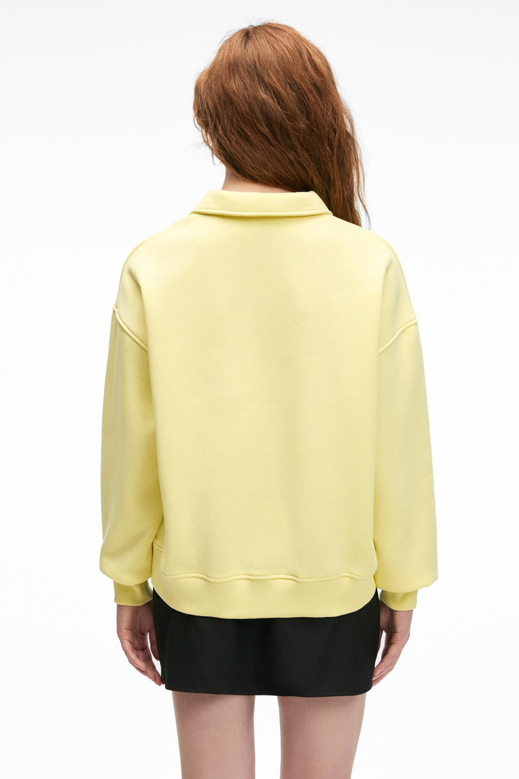 ODESSA Kadın Polo Yaka Oversize Göğüs Nakış Detaylı Patlı Sarı Sweatshirt