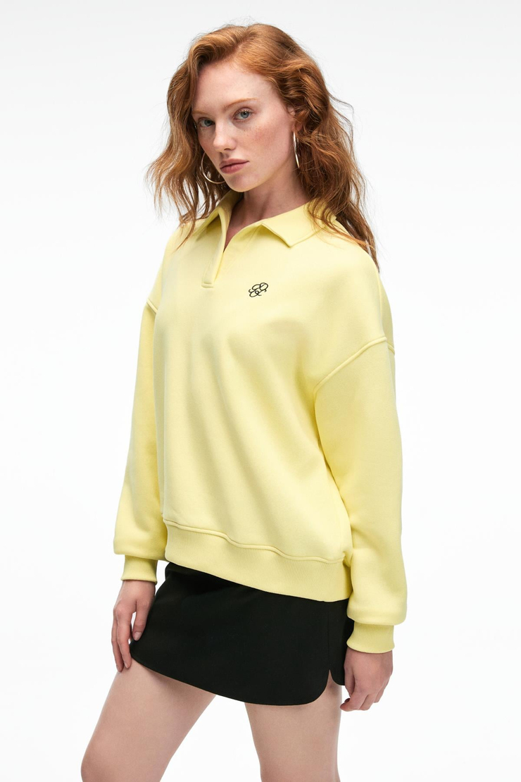 ODESSA Kadın Polo Yaka Oversize Göğüs Nakış Detaylı Patlı Sarı Sweatshirt
