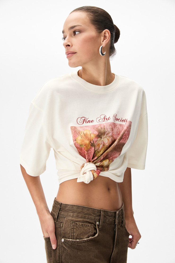OLENDE Kadın Relaxed Fit Baskılı Yuvarlak Yakalı Ekru T-Shirt