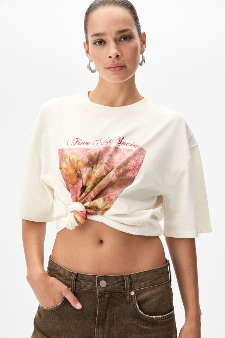 OLENDE Kadın Relaxed Fit Baskılı Yuvarlak Yakalı Ekru T-Shirt