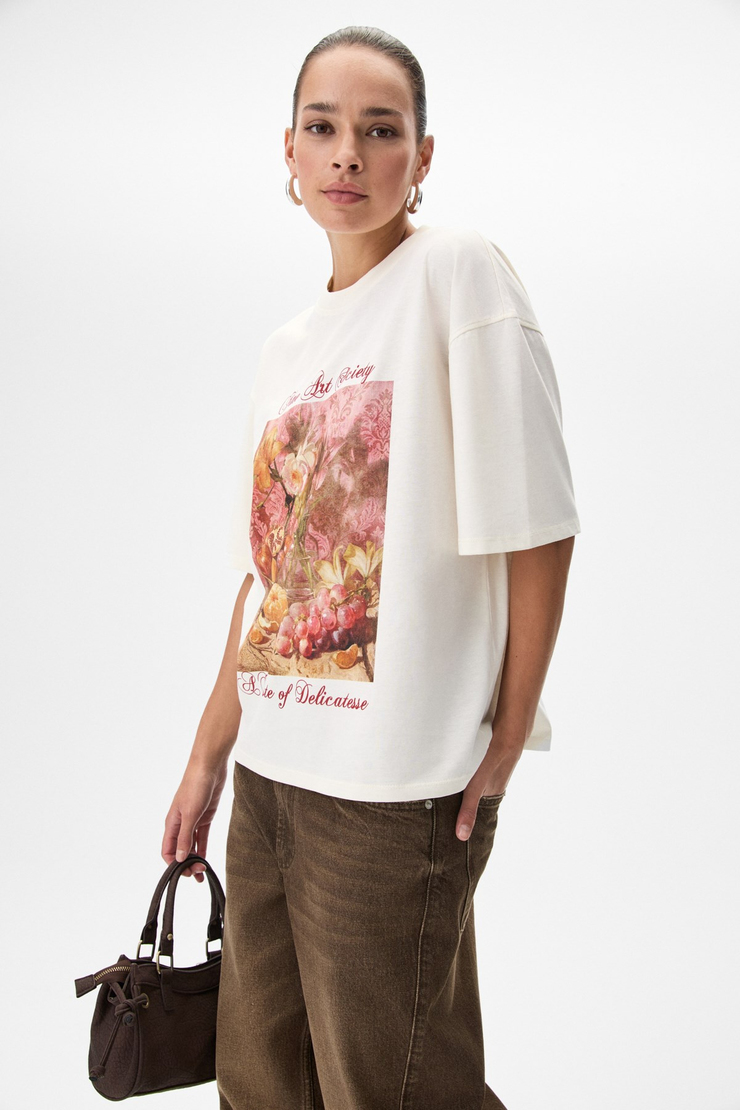 OLENDE Kadın Relaxed Fit Baskılı Yuvarlak Yakalı Ekru T-Shirt